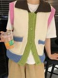 New 2022 Korean Fashion Elegant Retro Color Blocking Chic Waistcoat Women Autumn Winter Lady Sweater Vests