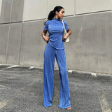 Fongt 2023 Summer New Thin T-Shirt High Waist Blue Pleated Floor Pants Casual Women's Fashion Suit-Outfit