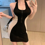 Bodycon Mini Dress Women Korean Contrast Color Halter Zipper Backless Slim Sexy Sleeveless Dresses-Outfit