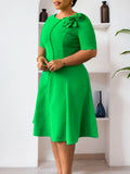 Fongt Women's 2025 New Short-Sleeved Solid-Colored Round-Collar Temperament Elegant African Dress