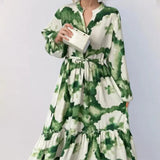 Fongt Women's New Retro Print Lantern Sleeve Waist Large Hem Dress