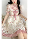 Kawaii Lolita Party Mini Dress Women Print Korean Style Sweet Cute Fairy Dress Japanese Casual Elegant Dress Summer