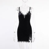 Dark Vintage Gothic Emo Black Women Mini Dresses Grunge Punk Velvet Bodycon Party Strap Dress Lace Sexy Slit Hem