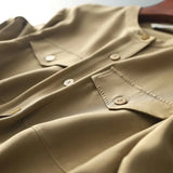 Safari Style Solid Pockets Casual Top Women Vintage Shirts Summer 2023 Patchwork Chiffon Basic Round Neck Blouse-Outfit