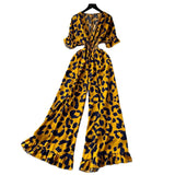Fongt Dress Holiday Wear Chic Light Leisure V Collar Short Sleeves Tight Waist High Waist Thin Leg Print Jump Trousers