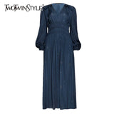 Blue Vintage Dress For Women V Neck Puff Long Sleeve Pleated Ankle Length Dresses Female Fashion Clothes 2022