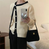 Fongt Wind Soft Waxy Spell Color Edge Autumn And Winter New Soft Waxy Irregular Oblique Collar Inclined Buckle Belt Design Sense Knit Cardigan-Outfit