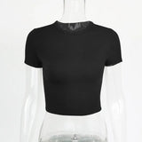 Fongt Fashion Solid Color Short Crop Casual Jacket Elastic Slim Round Collar T Shirt