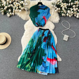 Blooming Printed Skirt Suit Women's New Thread Temperament Half-high Collar Top + Pleated Skirt Two-piece Set-Outfit