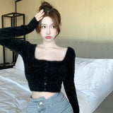 Crop Tops Square Collor Women Knit Sweater Sweet Elegant Female Autumn Solid Color Elegant Pullover Korean Clothing Chic-Outfit