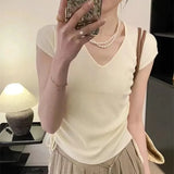 Silk V-Collar Vest Women Draw Rope Waist Design Sense Minority Summer 2024 New Chic Sweater T-Shirt-Outfit