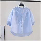 Fongt Fresh Art And Light Blue Cotton Shirt Women 7-Sleeve Casual Shirt 2025 Summer Temperament Top