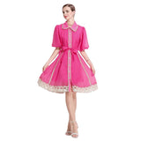 Fongt New Famous Summer Retro Collar Single Buckle Lace Lantern Sleeve Dress