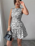 Fongt French Elegant Floral Print Sleeveless Bundle With Mini Dress