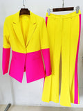 QUALITY Newest 2023 Star Style Designer Runway Suit Set Women's Single Button Color Block Blazer Flare Pants