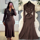 Fongt Fragrant Elegant Collar Long Sleeve Metal Buckle Waist Knitted Dress Autumn Thin Long Dress