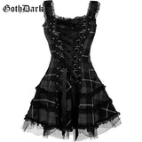 Dark Plaid Bandage Gothic Women A-line Dresses Grunge Aesthetic Lace Trim Patchwork Mini Dress Punk Bodycon Sexy