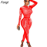 Diamonds Sheer Mesh Jumpsuit Women Sexy See Through Mock Neck Long Sleeve Slim Night Clubwear Female Party