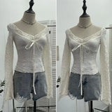 Fongt Shooting Merard Wind Strapted Bow Splicing Lace Pure Desire Blouse Folding Body Short Blouse 6015