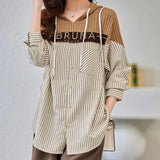 Loose Hooded Striped Blouse Women's Clothing Letter Knitted Patchwork 2023 Spring Autumn Casual Drawstring Pockets Shirt-Outfit