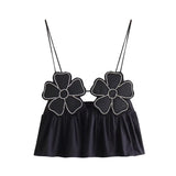 Fongt Women's New Black Bright Flowers Decorated Cotton Blouse Small Sling Vest Short
