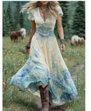 Fongt Large-Size Women's Loose White Dress Creative Pattern Totem Deep V Short-Sleeved Dress