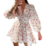 Fongt Women's Temperament Sweet Broken Flower High Waist Repair V Collar Short Long Sleeve Dress
