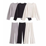 Fongt 2025 New Women's Double-Sided Cloth Round-Neck Long-Sleeved Coat Elastic Casual Trousers Set