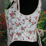 Fongt Pink Small Fresh French Retro Wrapped Chest Court Corset Before And After Strap U Tie Small Rose Print Vest