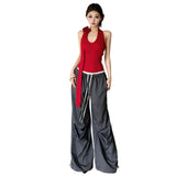 2024 Summer New Women's Solid Color Hanging Neck Three-Dimensional Flower Vest High-Waist Loose Straight