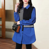 Striped Casual Loose Patchwork Blouse Spring Autumn Turn-down Collar Women's Clothing Single-breasted Shirring Shirt New-Outfit