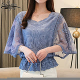 Women Blouses Spring New Chiffon Blouse Cotton Edge Lace Blouses Shirt Butterfly Flower Women Shirt Tops Blusas 4073