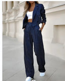 Fongt Women's Temperament Casual Stripe Short Lapel Suit Straight Pants