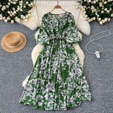 Fongt Retro Fashion Print Dress Women Loose Strap To The Waist Thin A Word Big Pendulum Long Skirt