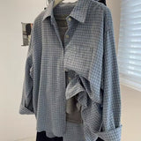 Fongt Version Of The Retro Grinding Blue Plaid Long-Sleeved Shirt Women 2025 Spring And Autumn New Loose Lazy Wind Outside The Top