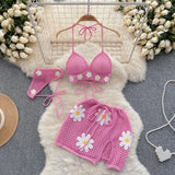 Fongt Vacation Wind Knitting Tie Belt Bikini Suit Female Summer Floret Design Sense Small Minority Milk Sweet Pure Desire Three-Piece Set-Outfit