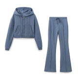 Fongt Women's Sports Style Suture Decoration Tight Waist Double-Sided Trumpet Trousers Zippered Sweater Set