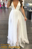Women's Lace Long Formal Wedding Sleeveless Deep V Neck Evening Ball Gown Party Prom Bridesmaid