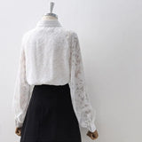 Autumn Vintage Lantern Sleeve White Lace Blouse Turn-Down Collar Button Up Elegant Shirts With Bow Fall Spring Basic