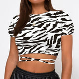 Fashion Street Stripes Leopard Printed Open Back T-shirts Women Summer Stylish Pullovers O Neck Tie Up Slim Fit Crop