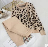 Women's Long Sleeve Knit Leopard Pullover Sweaters+Elastic Waist Pants Sets Fashion Trousers Two Pieces Costumes