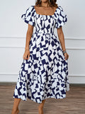 Fongt New Temperament Collar Print Pony Dress Bubble Sleeve Dress Woman