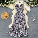 Fongt Ins Wear A Female Senior Sense Sleeveless V-Neck Tie Strap To The Belt Print Loose Broad Legs 100-Folded Jump-Fitting Trousers