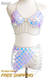Fish Scale Sequins Two Piece Set Sexy Hollow Out Crop Top Link Chain Tassels Mini Skirts Outfits Summer Beach Matching