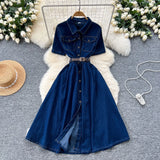 Fongt Version Of Fashion Casual Denim Dress Women Retro Collar Short Sleeve Single Buckle Waist Swing Shirt Long Skirt