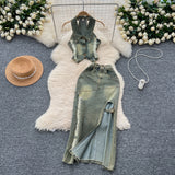 Fongt Water Wash To Make The Old Hanging Neck Sleeveless Collar Collar With Denim Top Two Sets Of Fork Repair Skirts