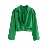 Spring Summer Women Retro Printing Simple Style Long Sleeve Twisted Pullover Shirt Tops And High Waist