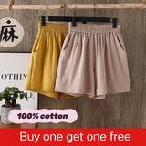 Women's Summer Shorts 100% Cotton High Waist Shorts Loose Casual Solid Shorts Pants Streetwear Elastic Waist Buy One Get