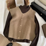 Fongt Line Single Row Small Gold Button Round Collar Knitted Vest Cardigan Woman Sleeveless Shoulder Vest Top