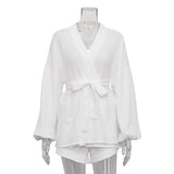Fongt Wind 2023 Summer White Lace Design Top Casual Loose High-Waisted Shorts Two-Piece Set-Outfit